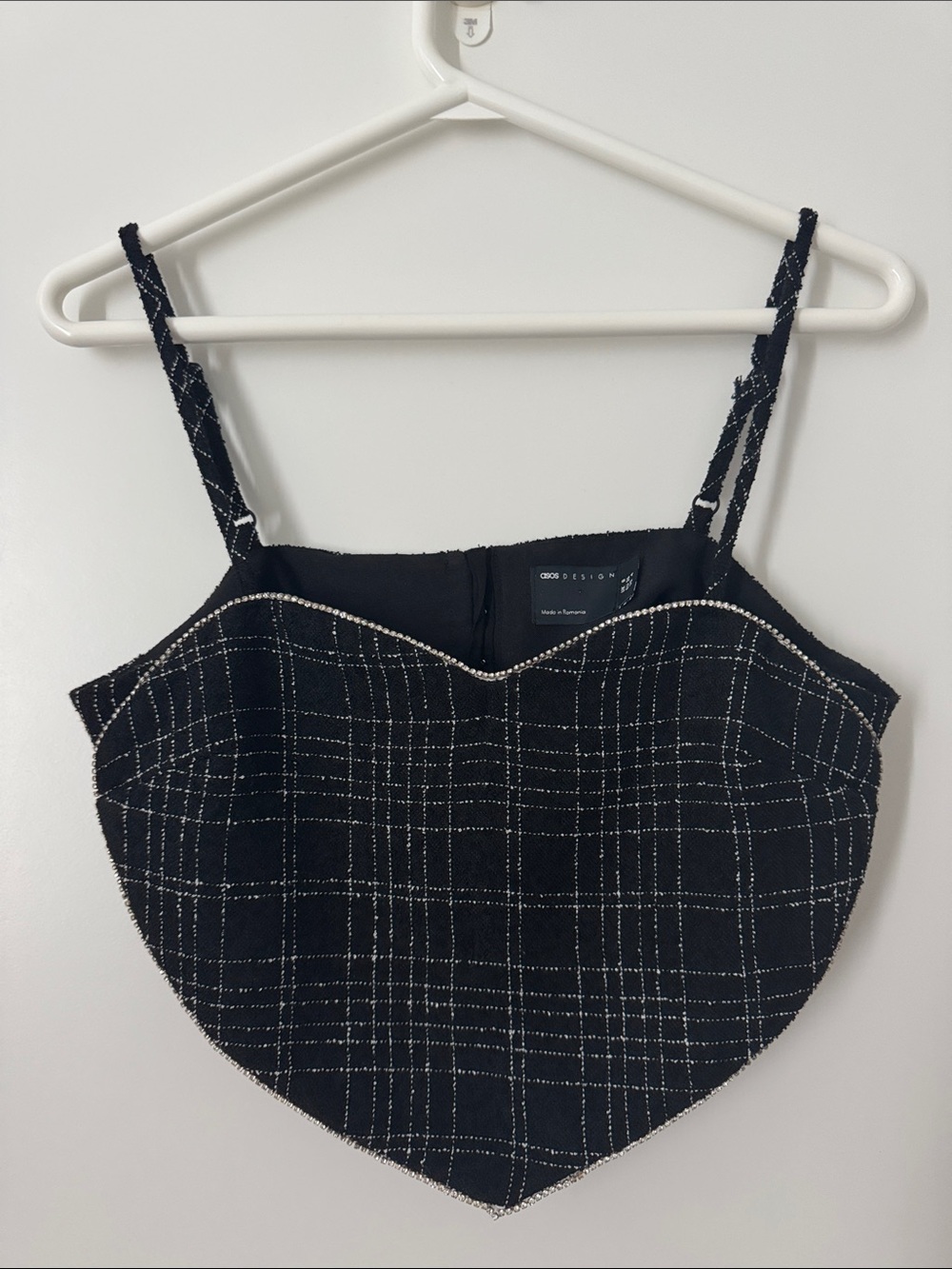 Black Plaid Beaded Trim Crop Cami Top
